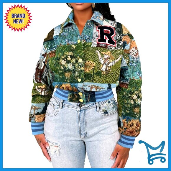 Jackets & Blazers - Cropped Floral Bomber Jacket, Lightweight Polyester, Button Down, Casual